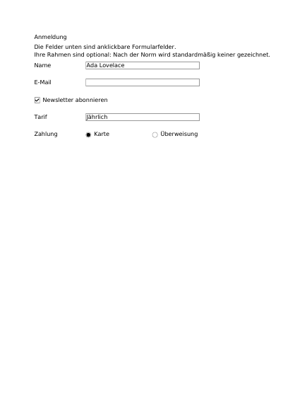 Ein archivierbares PDF/A-3-Formular, erste Seite