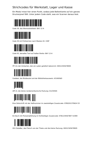 Alle linearen Barcodes auf einer Seite, erste Seite