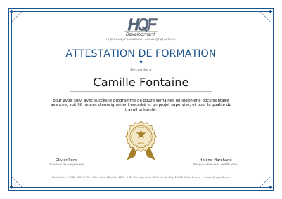 Un certificat au format paysage, première page