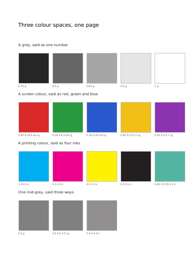 Grey, screen and printing colours, first page