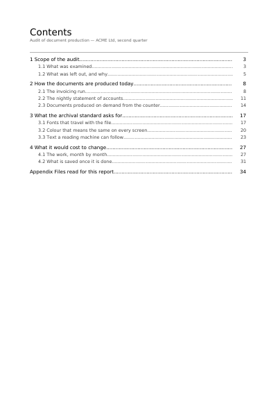 A contents page with dot leaders, first page