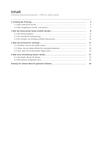 Ein Inhaltsverzeichnis mit Füllpunkten, erste Seite