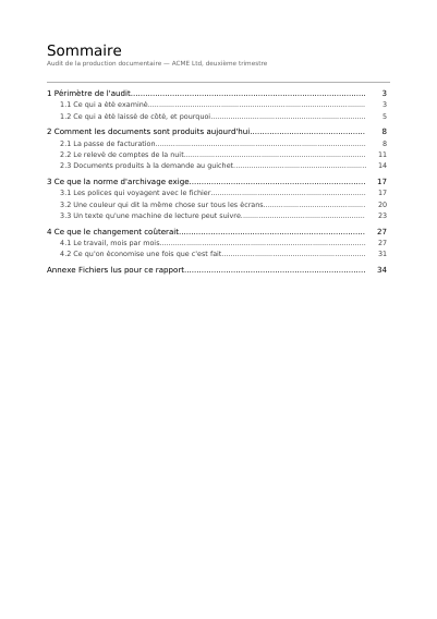 Une table des matières à points de conduite, première page
