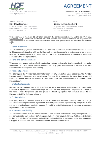 A two-page services contract, first page