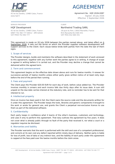 First page of A two-page services contract