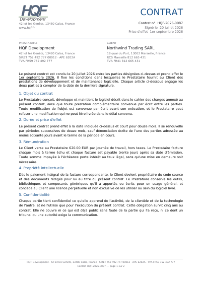 Première page de Un contrat de prestation de deux pages