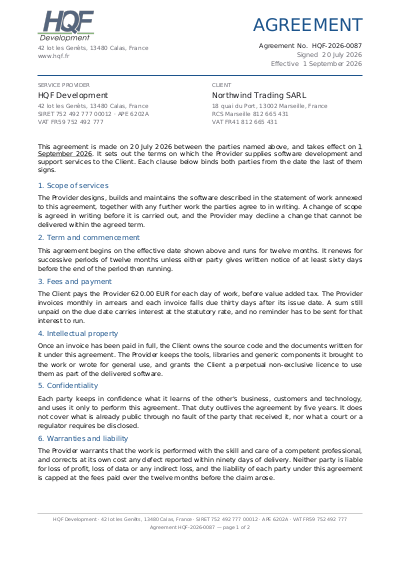First page of A two-page services contract