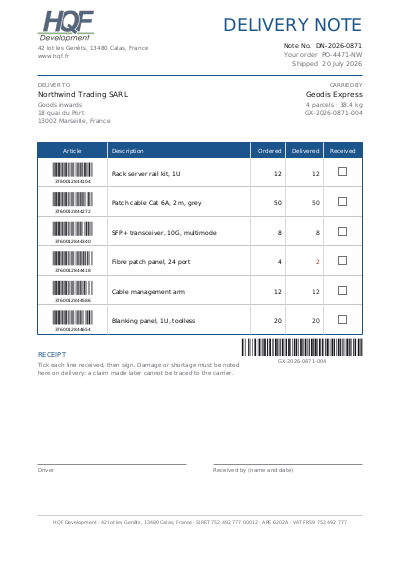 First page of A delivery note