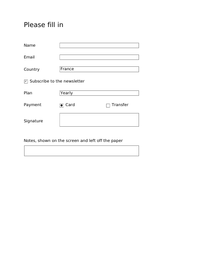 An interactive form, first page