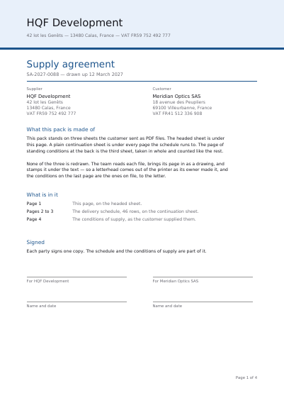 An agreement built on three supplied templates, first page