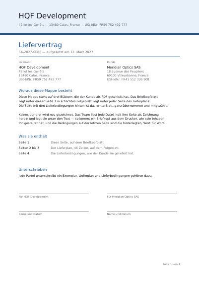 Ein Vertrag auf drei mitgelieferten Vorlagen, erste Seite
