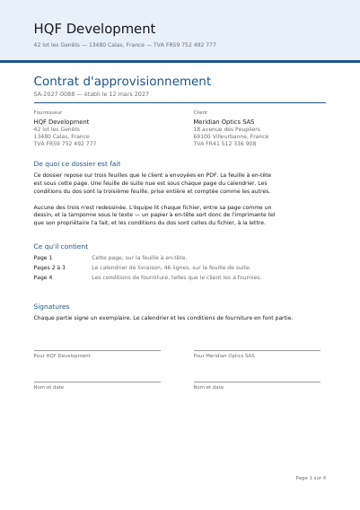 Un contrat bâti sur trois modèles fournis, première page
