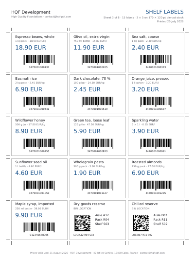 A sheet of shelf labels, first page