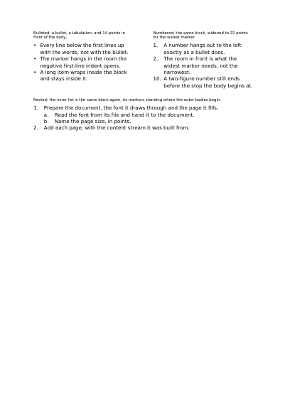 Lists made from an indent and a tab stop, first page