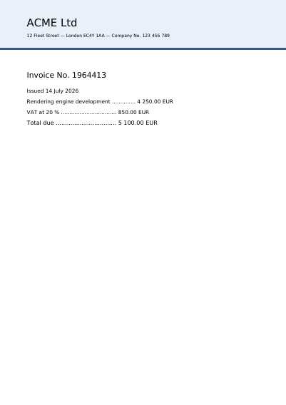 An invoice laid on a letterhead template, first page