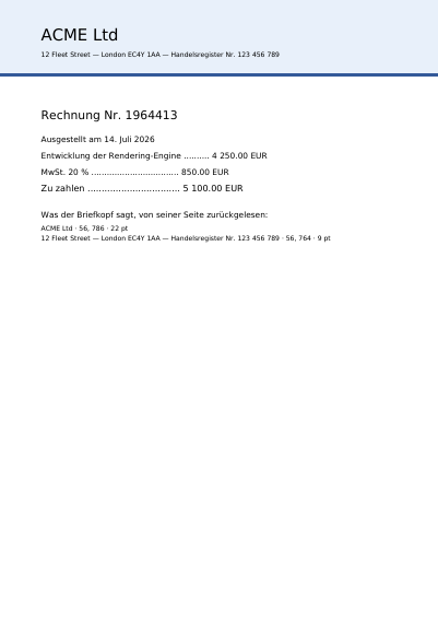 Eine auf eine Briefkopfvorlage gelegte Rechnung, erste Seite