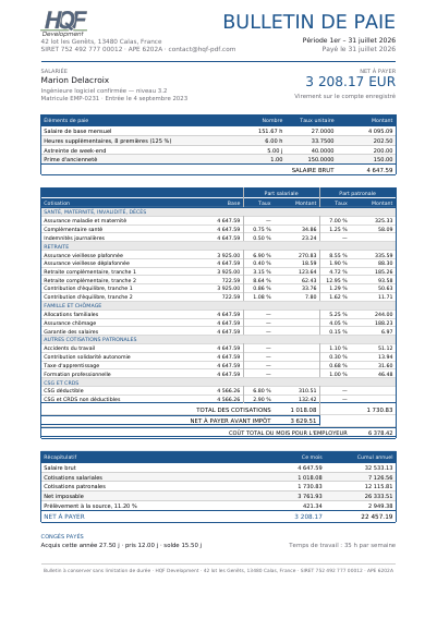 Un bulletin de paie, première page
