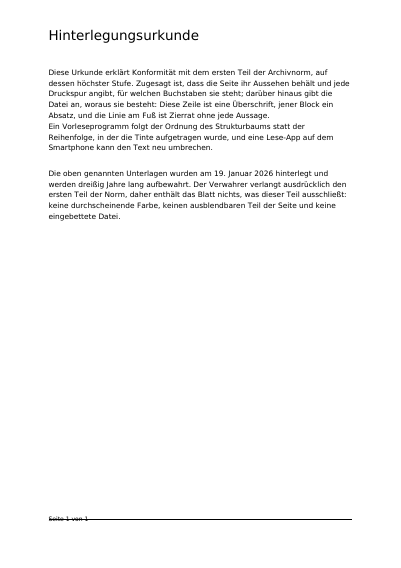 Eine getaggte Hinterlegungsurkunde in PDF/A-1a, erste Seite