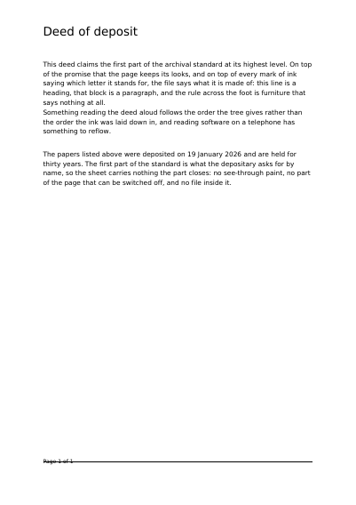 A Tagged PDF/A-1a Deed of Deposit, first page