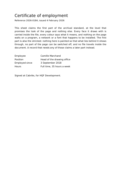 A PDF/A-1b Certificate of Employment, first page