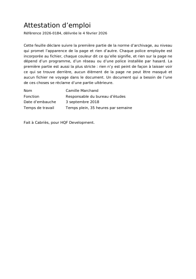 Certificat de travail en PDF/A-1b, première page
