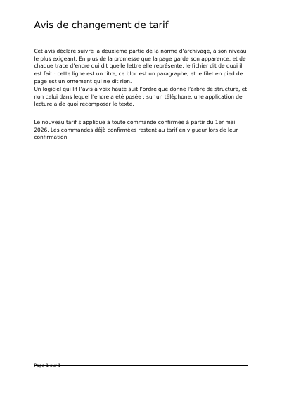 Avis de changement de tarif balisé en PDF/A-2a, première page