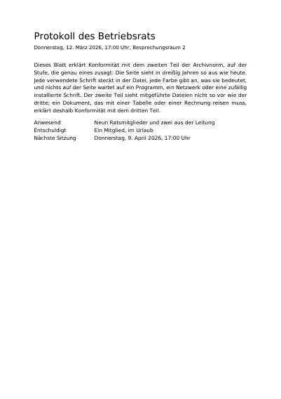 Ein Betriebsratsprotokoll in PDF/A-2b für dreißig Jahre, erste Seite