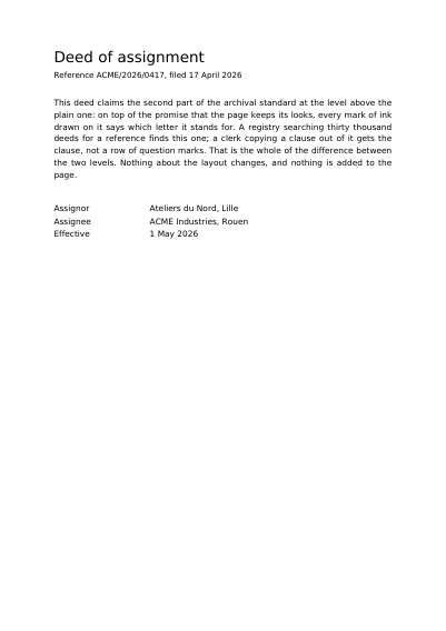 A Searchable PDF/A-2u Deed of Assignment, first page