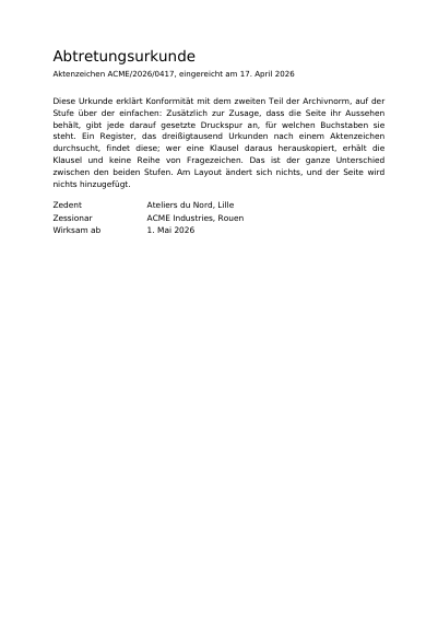 Eine durchsuchbare Abtretungsurkunde in PDF/A-2u, erste Seite