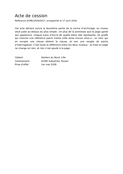 Acte de cession recherchable en PDF/A-2u, première page