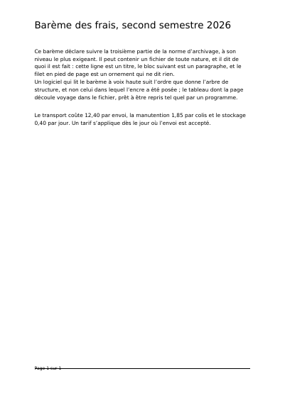 Barème de frais balisé en PDF/A-3a, première page