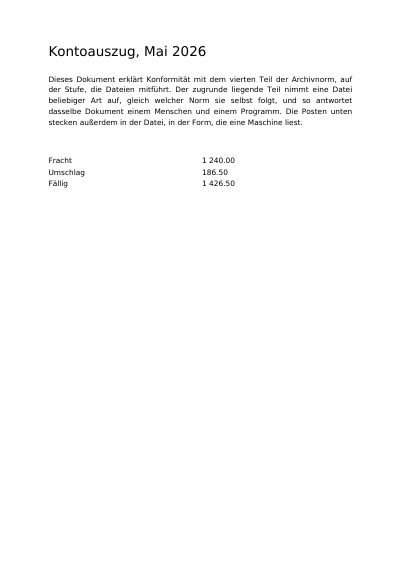 Ein Kontoauszug in PDF/A-4f mit angehängten Daten, erste Seite