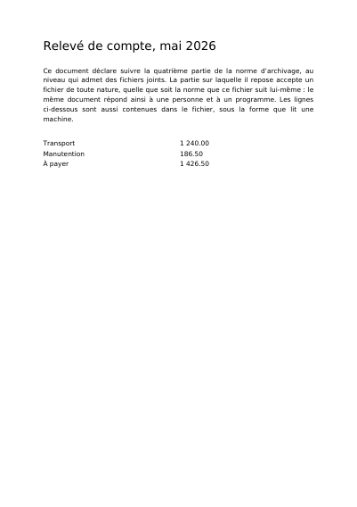 Relevé de compte en PDF/A-4f avec ses données jointes, première page