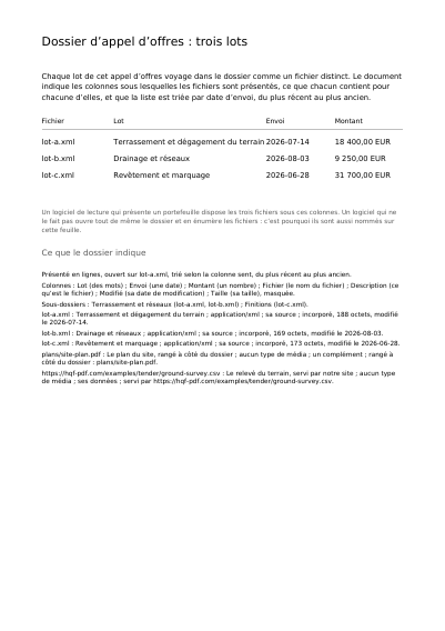 Un dossier d’appel d’offres de trois lots, première page
