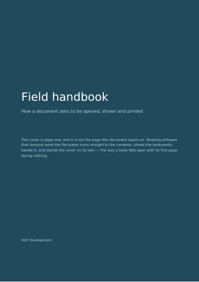 A handbook that says how it wants to be read, first page