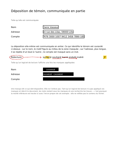 Une déposition dont une partie est masquée avant d’être communiquée, première page