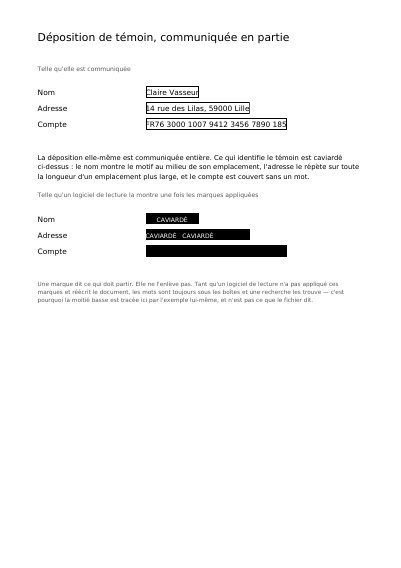 Une déposition communiquée en partie, première page