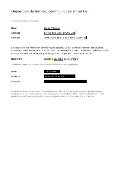 Une déposition communiquée en partie, première page