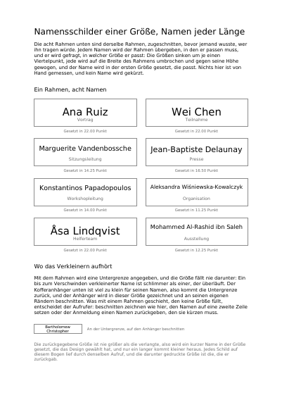 Namensschilder in einer Größe, Namen jeder Länge, erste Seite