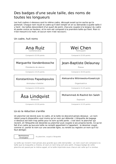 Des badges d'une taille, des noms de toutes longueurs, première page