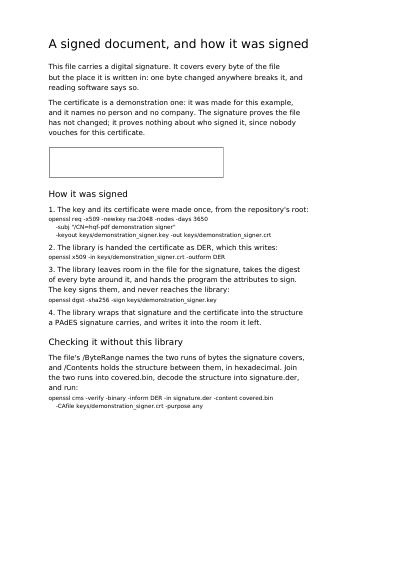 A document signed with a demonstration certificate, first page