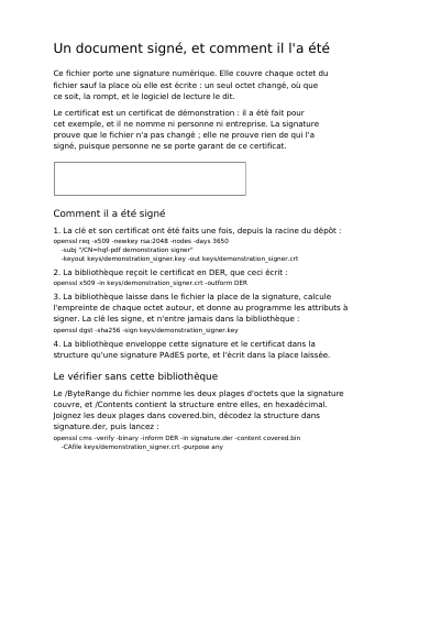 Un document signé avec un certificat de démonstration, première page