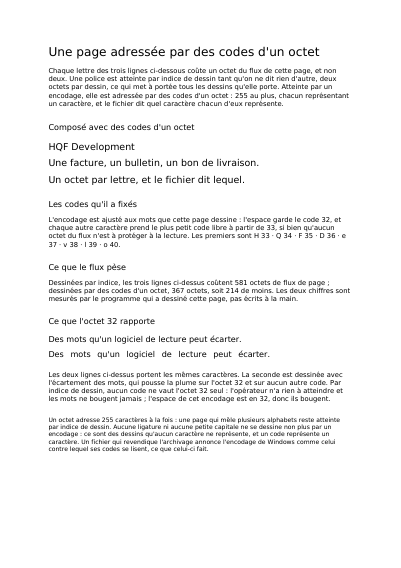 Une page dont les lettres coûtent un octet chacune, première page