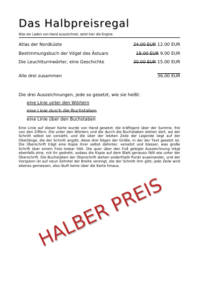 Durchgestrichene Preise, ein Schatten hinter dem Titel, erste Seite
