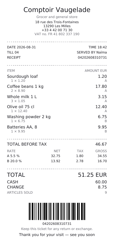 A till receipt on a paper roll, first page