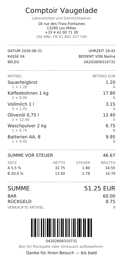 Ein Kassenbon auf einer Papierrolle, erste Seite
