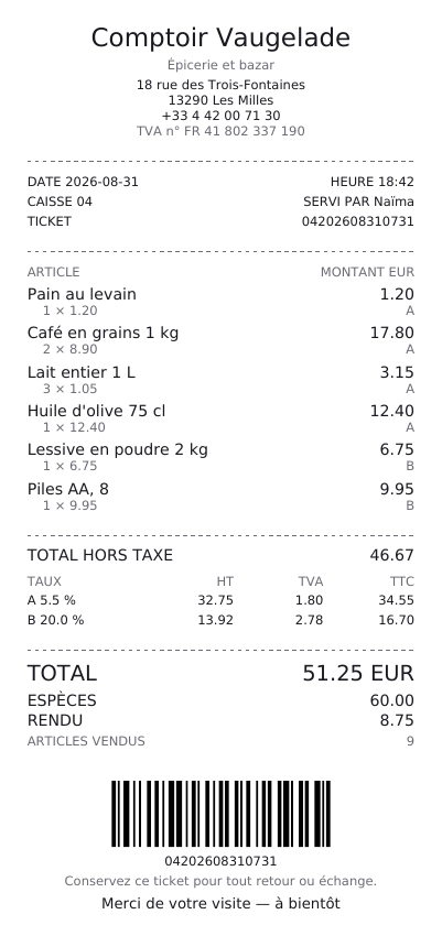 Un ticket de caisse sur un rouleau de papier, première page