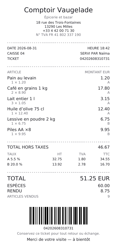 Un ticket de caisse sur un rouleau de papier, première page